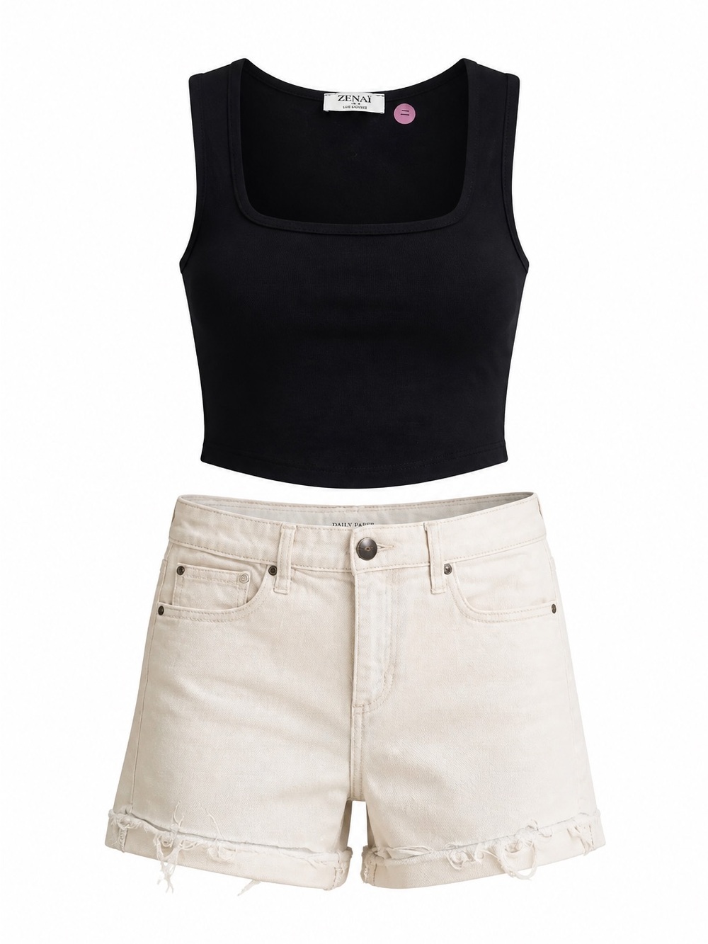 Daily Ritual Black Cropped Tank Top with Cream Denim Shorts